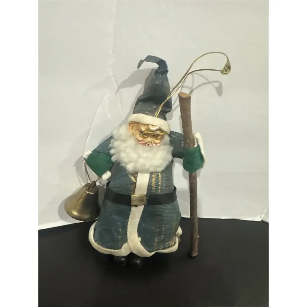 Vintage Paper Mache Blue Santa Claus Bell Ornament w Staff Christmas Decor